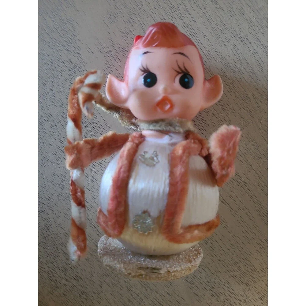 Lot 3 Rubber Plastic Head Satin Ball Figurine Elf Snowman Clown Styrofoam Base